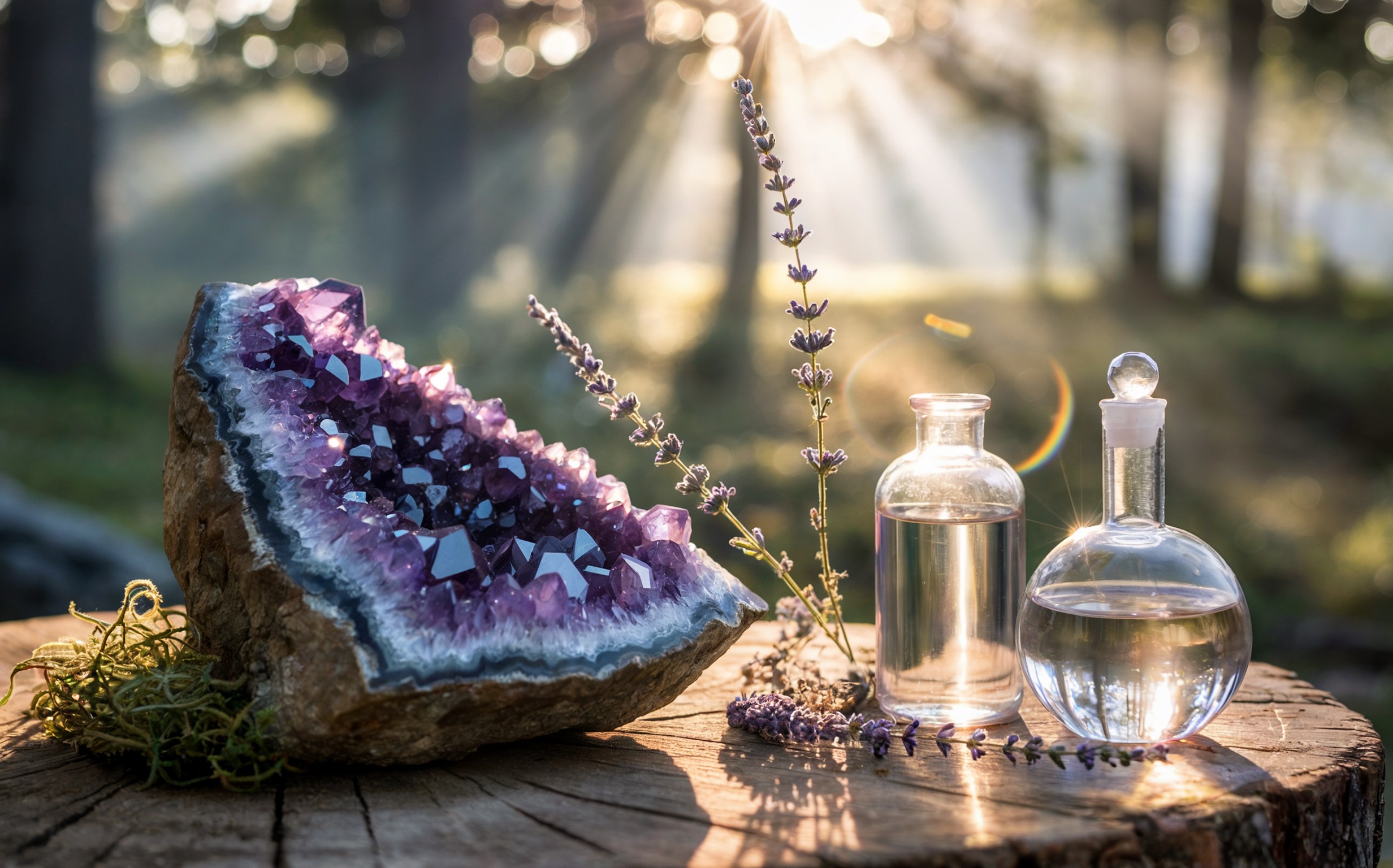 An alchemical still life with an amethyst geode, lavender, and glass vials in a sunlit forest.
